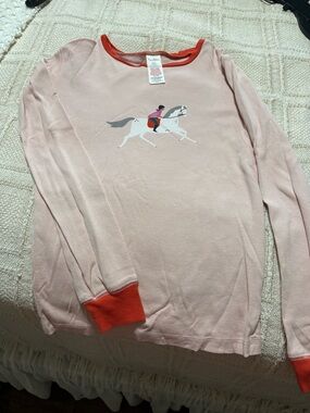 Mini Boden Pink Long-Sleeve Tee with Horse Rider Graphic and Red Trim